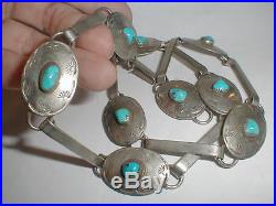 Vintage 35 All Sterling Silver Navajo Signed Turquoise Concho Belt Necklace Nr