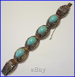 Vintage Chinese Gold Over Sterling Silver Filigree Turquoise Bracelet