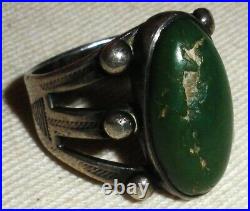 VINTAGE EARLY NAVAJO GREAT GREEN TURQUOISE STERLING SILVER RING SIZE 6 vafo
