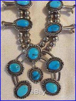 Vintage Estate Sterling Silver & Turquoise Squash Blossom Necklace
