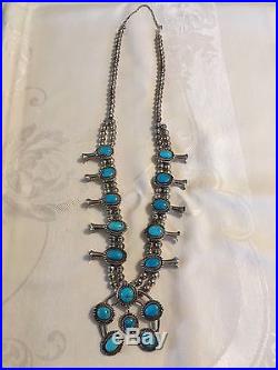 Vintage Estate Sterling Silver & Turquoise Squash Blossom Necklace