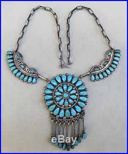 Vintage Lorraine Waatsa Zuni Turquoise Cluster Sterling Silver Necklacesigned