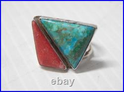 VINTAGE MODERNIST NAVAJO STERLING SILVER TURQUOISE + CORAL/SPINY RING sz 5 3/4