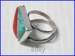 VINTAGE MODERNIST NAVAJO STERLING SILVER TURQUOISE + CORAL/SPINY RING sz 5 3/4