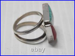 VINTAGE MODERNIST NAVAJO STERLING SILVER TURQUOISE + CORAL/SPINY RING sz 5 3/4