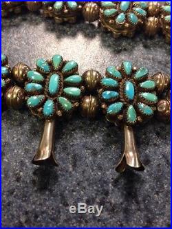 VINTAGE NATIVE AMERICAN SQUASH BLOSSOM CORAL & TURQUOISE STERLING SILVER 149g