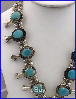 Vintage Native American Turquoise Necklace Sterling Silver Blossom Huge 29