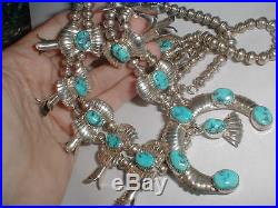 Vintage Navajo 26 Sterling Silver Signed Squash Blossom Turquoise Necklace Nr