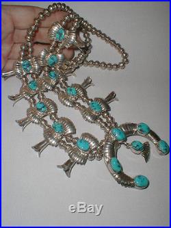 Vintage Navajo 26 Sterling Silver Signed Squash Blossom Turquoise Necklace Nr