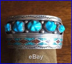 Vintage Navajo Charlie Singer Sterling Silver Turquoise Coral Wide Cuff Bracelet