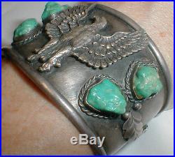Vintage Navajo Crow Feet Wide Sterling Silver American Eagle Turquoise Bracelet
