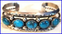 VINTAGE NAVAJO GREAT TURQUOISE STERLING SILVER BRACELET GREAT STAMPWORK vafo
