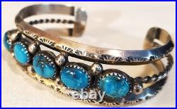 VINTAGE NAVAJO GREAT TURQUOISE STERLING SILVER BRACELET GREAT STAMPWORK vafo