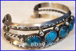 VINTAGE NAVAJO GREAT TURQUOISE STERLING SILVER BRACELET GREAT STAMPWORK vafo