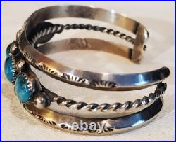 VINTAGE NAVAJO GREAT TURQUOISE STERLING SILVER BRACELET GREAT STAMPWORK vafo