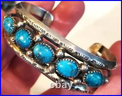 VINTAGE NAVAJO GREAT TURQUOISE STERLING SILVER BRACELET GREAT STAMPWORK vafo