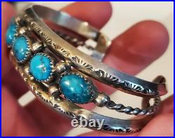 VINTAGE NAVAJO GREAT TURQUOISE STERLING SILVER BRACELET GREAT STAMPWORK vafo