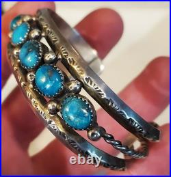 VINTAGE NAVAJO GREAT TURQUOISE STERLING SILVER BRACELET GREAT STAMPWORK vafo