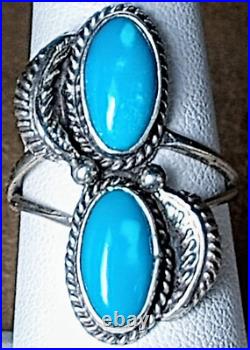 VINTAGE NAVAJO NATIVE AMERICAN STERLING SILVER & 2 FINE TURQUOISE RING sz 7.75