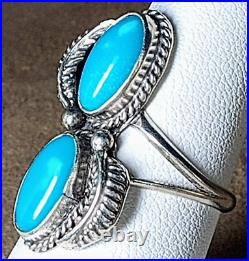 VINTAGE NAVAJO NATIVE AMERICAN STERLING SILVER & 2 FINE TURQUOISE RING sz 7.75