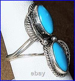 VINTAGE NAVAJO NATIVE AMERICAN STERLING SILVER & 2 FINE TURQUOISE RING sz 7.75