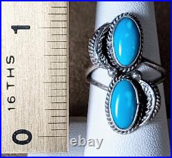 VINTAGE NAVAJO NATIVE AMERICAN STERLING SILVER & 2 FINE TURQUOISE RING sz 7.75