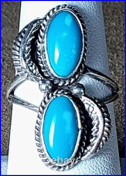 VINTAGE NAVAJO NATIVE AMERICAN STERLING SILVER & 2 FINE TURQUOISE RING sz 7.75