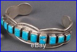 VINTAGE NAVAJO Row Bracelet 11 Gem Grade Bisbee Turquoise Stones Sterling Silver