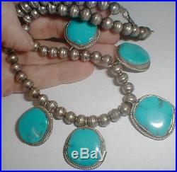Vintage Navajo Sterling Silver Bench Bead Large Blue Moon Turquoise Necklace Nr