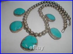 Vintage Navajo Sterling Silver Bench Bead Large Blue Moon Turquoise Necklace Nr