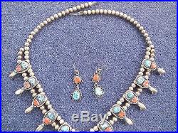 Vintage Navajo Sterling Silver Coral&turquoise Squash Blossom Necklace & Earring