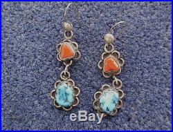 Vintage Navajo Sterling Silver Coral&turquoise Squash Blossom Necklace & Earring