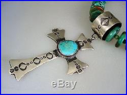 VINTAGE NAVAJO STERLING SILVER CROSS & TURQUOISE DISC BEAD NECKLACE signed
