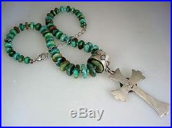 VINTAGE NAVAJO STERLING SILVER CROSS & TURQUOISE DISC BEAD NECKLACE signed