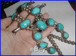 Vintage Navajo Sterling Silver Huge Old Pawn Turquoise Squash Blossom Necklace
