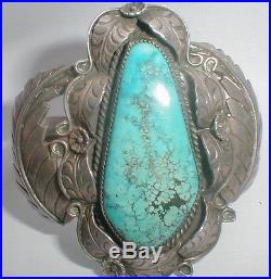 Vintage Navajo Sterling Silver Large Old Pawn Lotturquoise Ornate Cuff Bracelet