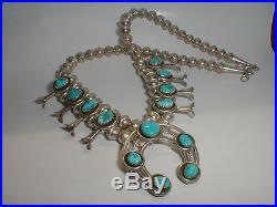 Vintage Navajo Sterling Silver Old Pawn Turquoise Squash Blossom Necklace 18 Nr