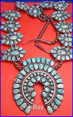 Vintage Navajo Sterling Silver Squash Blossom Necklace Turquoise Old Pawn 9 0z