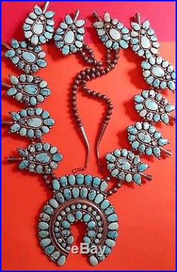 Vintage Navajo Sterling Silver Squash Blossom Necklace Turquoise Old Pawn 9 0z