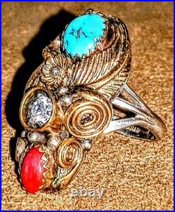 VINTAGE NAVAJO STERLING SILVER TURQUOISE CORAL SQUASH BLOSSOM RING sz6.75