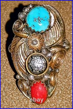 VINTAGE NAVAJO STERLING SILVER TURQUOISE CORAL SQUASH BLOSSOM RING sz6.75