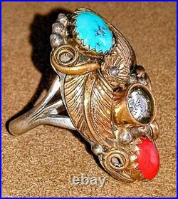 VINTAGE NAVAJO STERLING SILVER TURQUOISE CORAL SQUASH BLOSSOM RING sz6.75