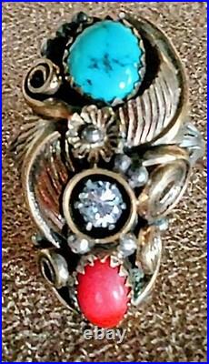 VINTAGE NAVAJO STERLING SILVER TURQUOISE CORAL SQUASH BLOSSOM RING sz6.75