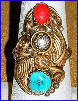 VINTAGE NAVAJO STERLING SILVER TURQUOISE CORAL SQUASH BLOSSOM RING sz6.75