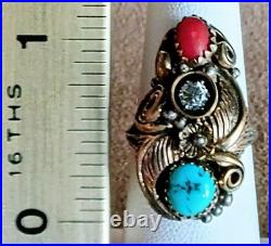 VINTAGE NAVAJO STERLING SILVER TURQUOISE CORAL SQUASH BLOSSOM RING sz6.75