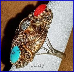 VINTAGE NAVAJO STERLING SILVER TURQUOISE CORAL SQUASH BLOSSOM RING sz6.75