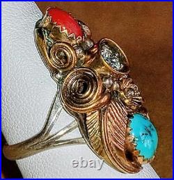 VINTAGE NAVAJO STERLING SILVER TURQUOISE CORAL SQUASH BLOSSOM RING sz6.75