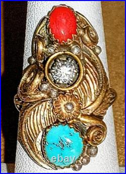 VINTAGE NAVAJO STERLING SILVER TURQUOISE CORAL SQUASH BLOSSOM RING sz6.75