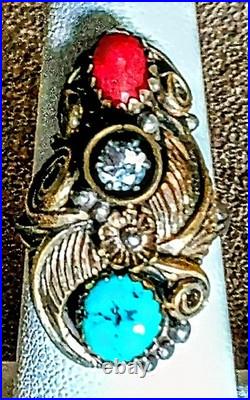 VINTAGE NAVAJO STERLING SILVER TURQUOISE CORAL SQUASH BLOSSOM RING sz6.75