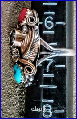 VINTAGE NAVAJO STERLING SILVER TURQUOISE CORAL SQUASH BLOSSOM RING sz6.75